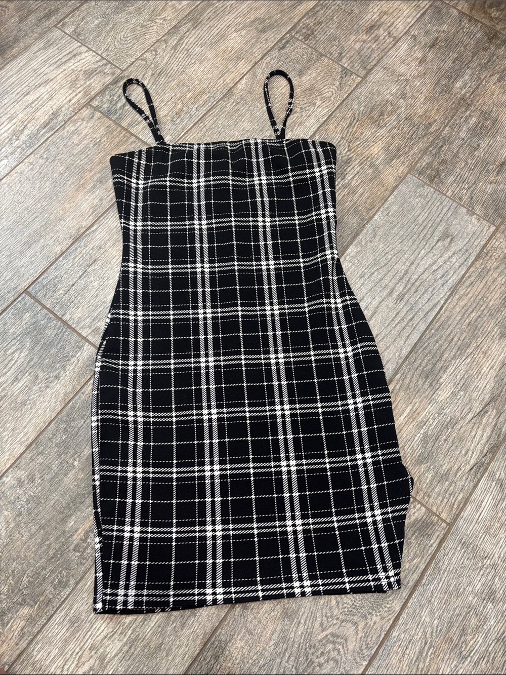 SHEIN Black & White Plaid Spaghetti Strap Mini Dress